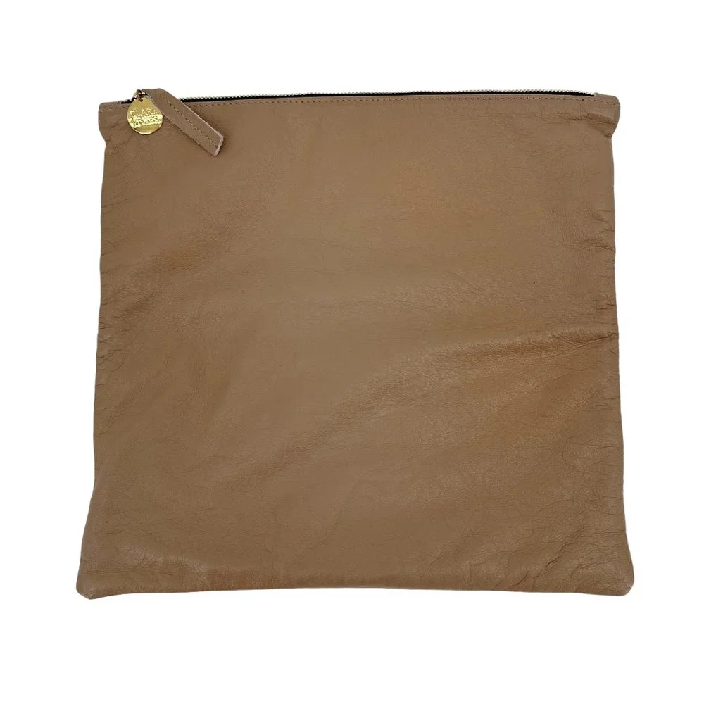 Clare V Fold-Over Leather Clutch in Taupe